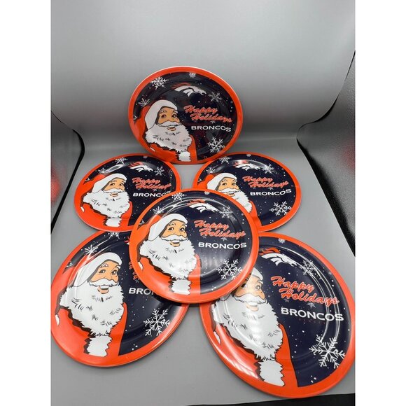 Set (6) Denver Broncos Plates Christmas Dishes Happy Holiday Santa Melamine 10" - Picture 8 of 8